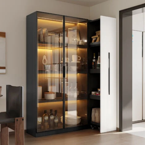 Libreria Vetrina con Anta in Vetro e LED, Modulo Estraibile Laterale, per Soggiorno, Nero e Bianco, 110,5 x 35 x 160 cm