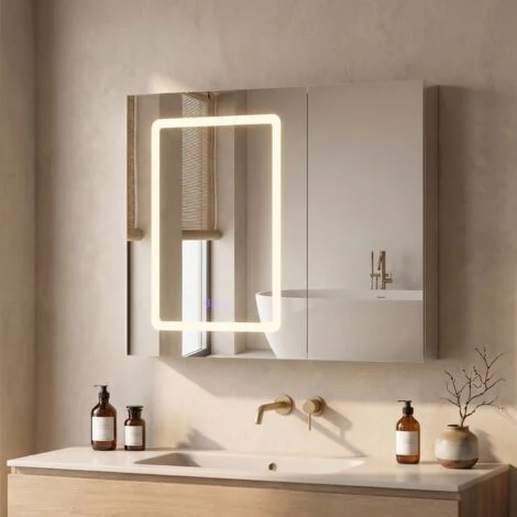 Mobile bagno con specchio 70x13,5x60 cm, sospeso con doppia anta, LED e anti-appannamento, in legno e vetro, bianco