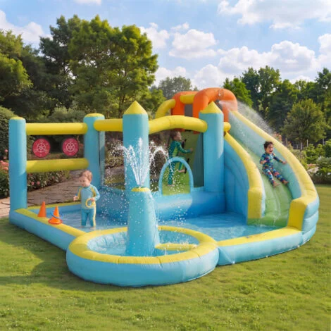 Castello gonfiabile per bambini, parco acquatico, scivolo acquatico, piscina, area giochi acquatica gonfiabile per il giardino, con soffiatore, dimensioni da gonfiato: 430 x 390 x 210 cm