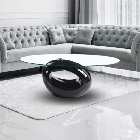 Tavolino da salotto 115x65 cm con piano in vetro ovale e struttura nero lucido - Miranda