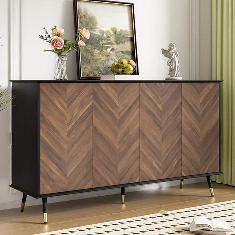 Credenza moderna 140 cm - Motivo chevron 3D, mobile contenitore a 4 ante per cucina e soggiorno, nero e legno con piedini in metallo dorato, ripiani regolabili - Stile chic