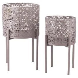 Set 2 porta vasi 20x36 cm e 25 x43 cm in ferro con piedistallo, tortora, Esté