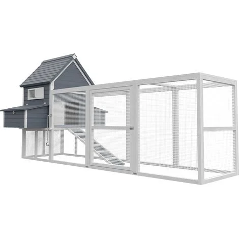 Pollaio grigio 310x150x150cm in legno Con cassetta di nidificazione e recinto Vaschetta estraibile