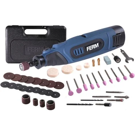 FERM Utensile Rotante Multifunzione a batteria ioni di litio 12V - 1.5Ah. Include caricatore, set da 45 accessori, chiave inglese e custodia