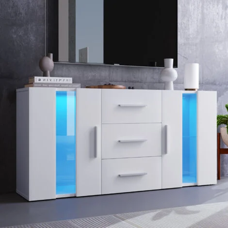 Mobile TV LED moderno bianco lucido, mobiletto laterale a 2 ante e 3 cassetti, credenza bassa per soggiorno, sala da pranzo, 140x35x70 cm, bianco.