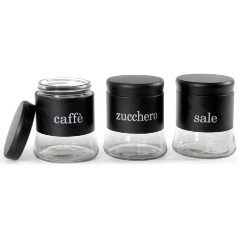 Set 3 Tris Barattoli da cucina in vetro Sale Zucchero caffè nero 750 ml