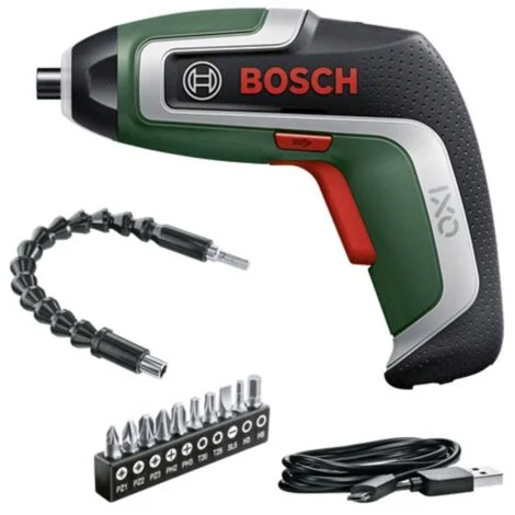 Bosch cacciavite a batteria compatto IXO con set Flexi avvitamento flessibile 7ª generazione 3,6V 2,0Ah prolunga flessibile e cavo micro-USB si piega fino a 180° 10x bit