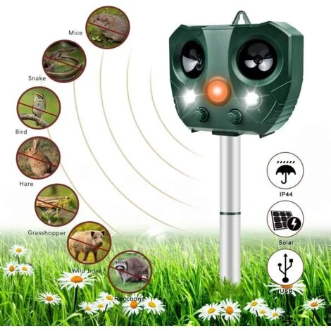 Repellente per gatti ad ultrasuoni, Repellente per gatti da esterno - Repellente per gatti solare impermeabile e frequenza regolabile - Con allarme e luci lampeggianti per respingere animali dannosi