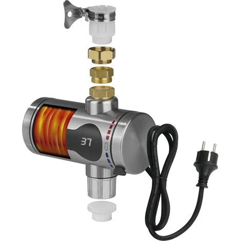 Scaldabagno elettrico istantaneo Hoberg. Riscaldamento rapido grazie alla serpentina riscaldante. Con indicatore di temperatura. Per uso interno ed esterno. Senza serbatoio. Max. 3600 W.