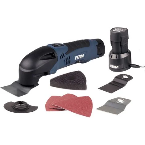 FERM Utensile Multifunzione a Batteria ioni di Litio 12V - 1.5Ah. Include 8 Accessori e Custodia. Velocità variabile