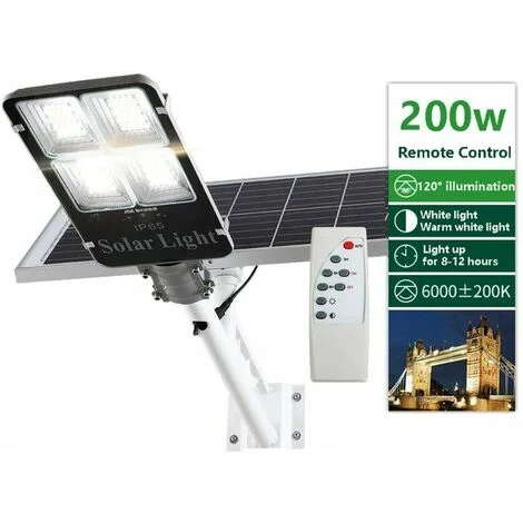 Faro LED LAMPIONE Stradale PANNELLO SOLARE STAFFA E TELECOMANDO 200W