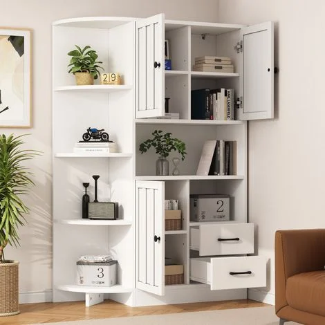Armadio Angolare, Vetrina con 3 Ante e 2 Cassetti, 6 Vani Aperti, Stile Moderno, in Pannelli di Particelle, 104×35×155 cm, Bianco