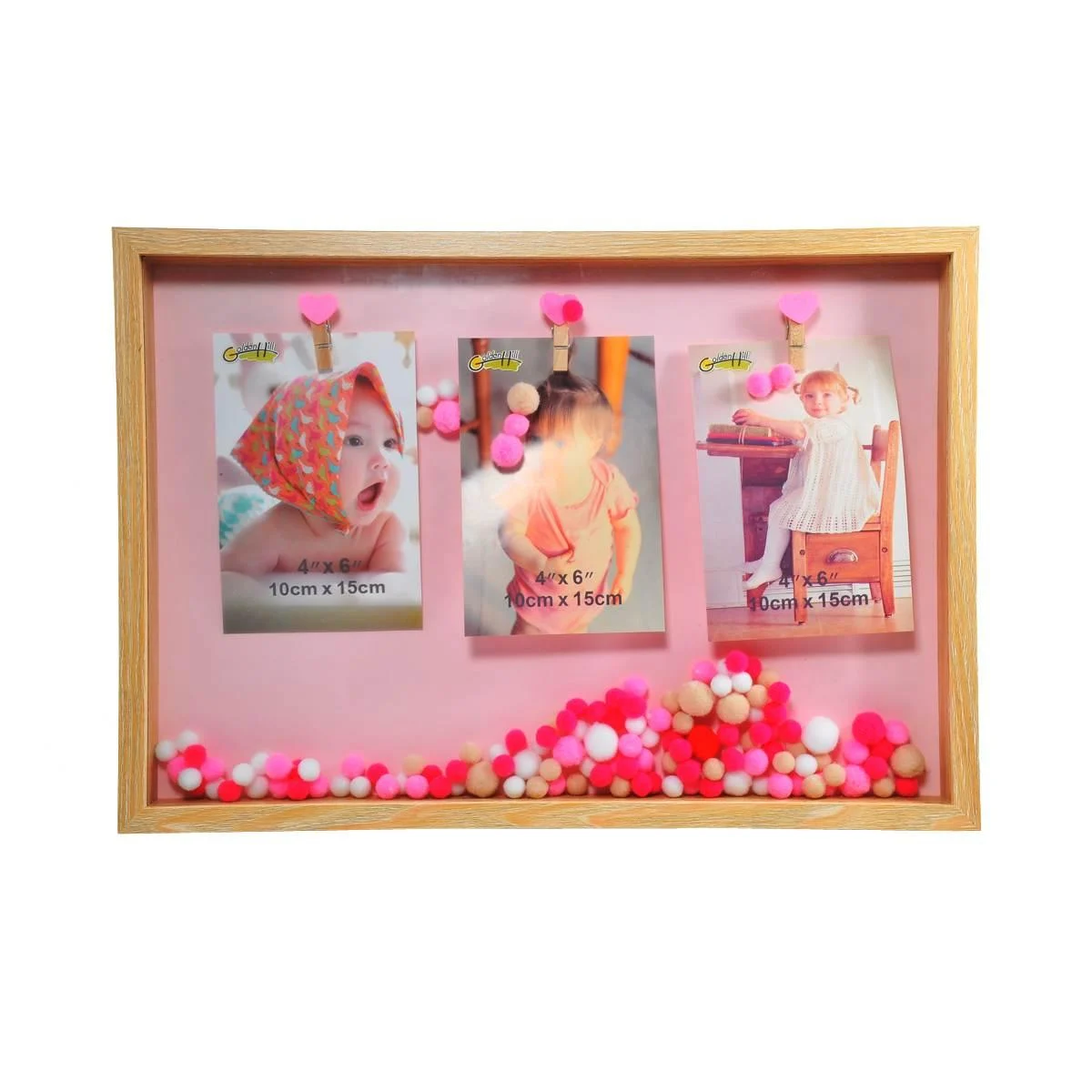 Cornice Multipla 3 Posti Legno Baby con Palline Rosa