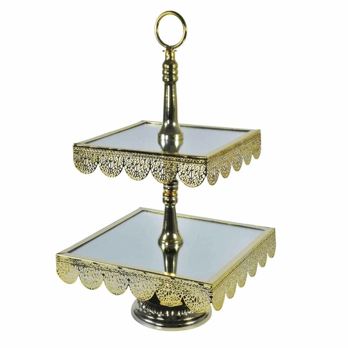 Centrotavola Alzata Metallo 2 Piani Oro con Specchio cm.24x24x44