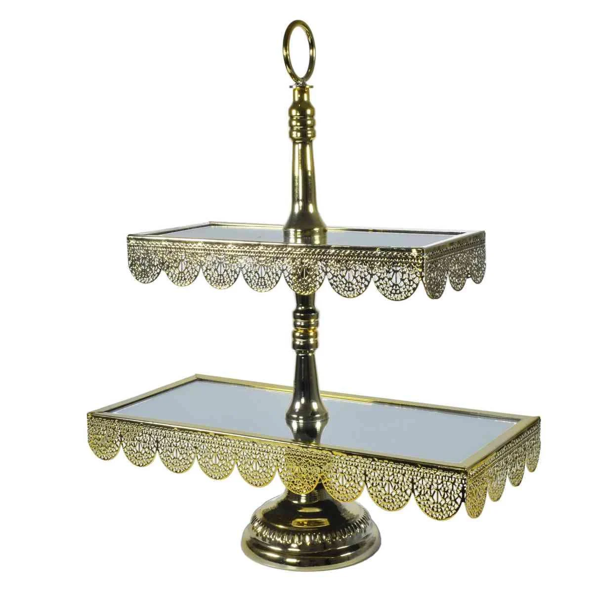 Centrotavola Alzata Metallo 2 Piani Oro con Specchio 36x16x45
