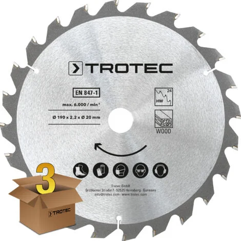 Trotec Set di lame per seghe circolari per legno Ø 190 mm (24 denti), 3 pezzi