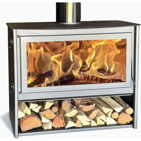 Stufa a legna panoramica Vexta 1000 / Alta efficienza 85% / Volume di riscaldamento 350 m³ / Tronchi da 90 cm / Tripla combustione / Classe energetica A+