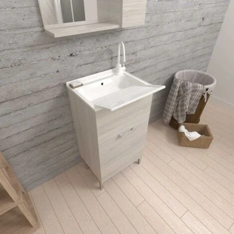 Mobile Lavatoio Per Lavanderia 45Cm Con 1 Anta Quercia GrigioPratico