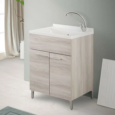 Mobile lavatoio 60x50 cm 2 ante rovere grigio con vasca in resina