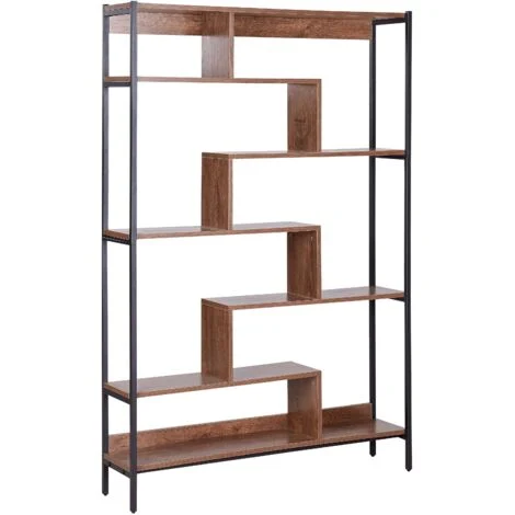 Libreria Industriale 6 Scaffali Legno Scuro Struttura Nera Daven