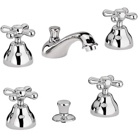 Paini Liberty Rubinetto Bidet e Lavabo set completo bagno batteria 3 fori con maniglie a Crocestile classico e retrò manopole a stella Cromato Made in Italy