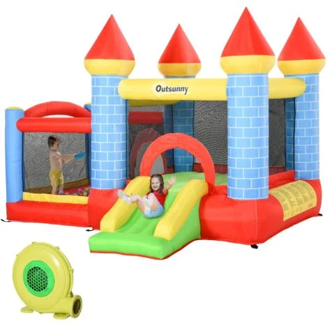 Castello Giostra Gonfiabile 300x275x210 cm con Scivolo Piscina Canestro e Pompa Multicolor