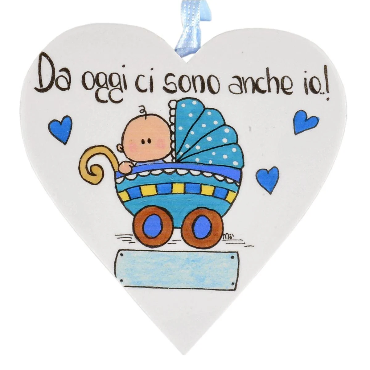 Targa Legno Cuore con Culla Azzurra cm.15
