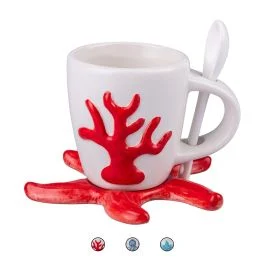 Tazzina caffè 90 ml in ceramica con cucchiaino, decoro marino, Ocean