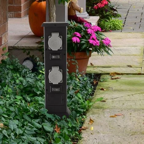 Presa di corrente resistente alle intemperie IP44 Colonna elettrica da giardino Presa di corrente quadrupla da esterno, nera, max. 3680 Watt 16A, LxLxH 16x16x40, terrazza