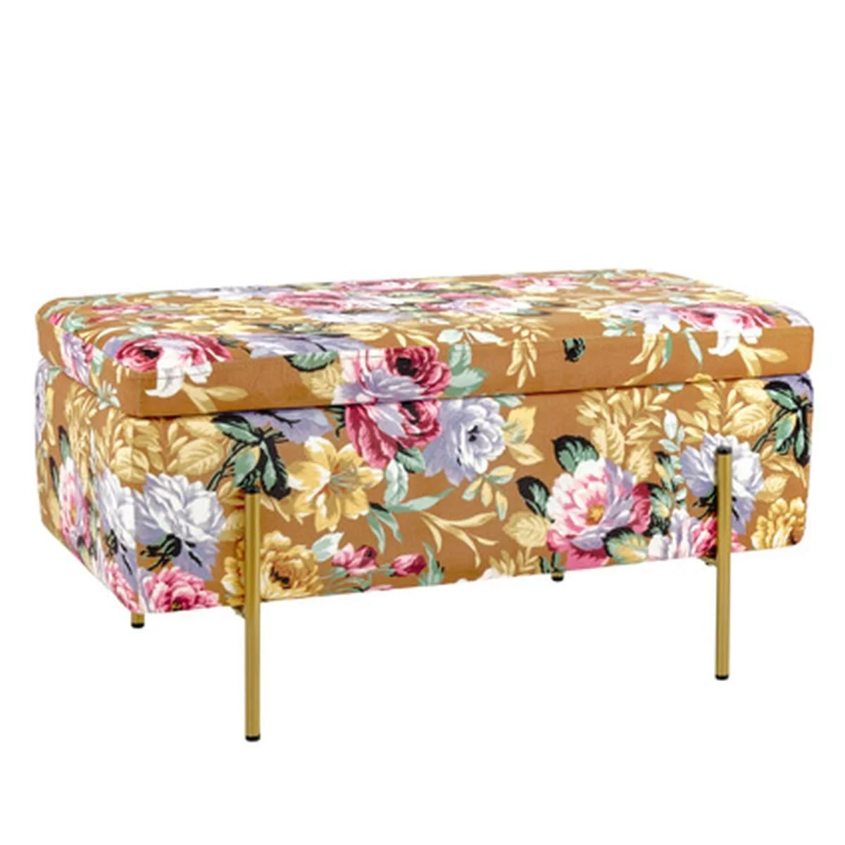 Pouf Velluto Rettangolare Marrone con Fiori Apribile cm.80x40x41