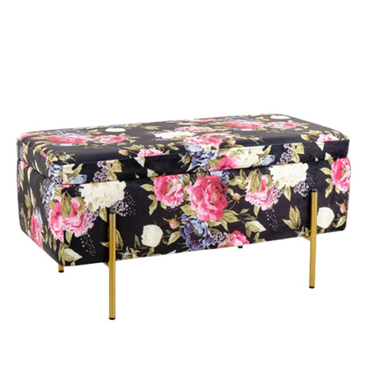 Pouf Velluto Rettangolare Nero con Fiori Apribile cm.80x40x41