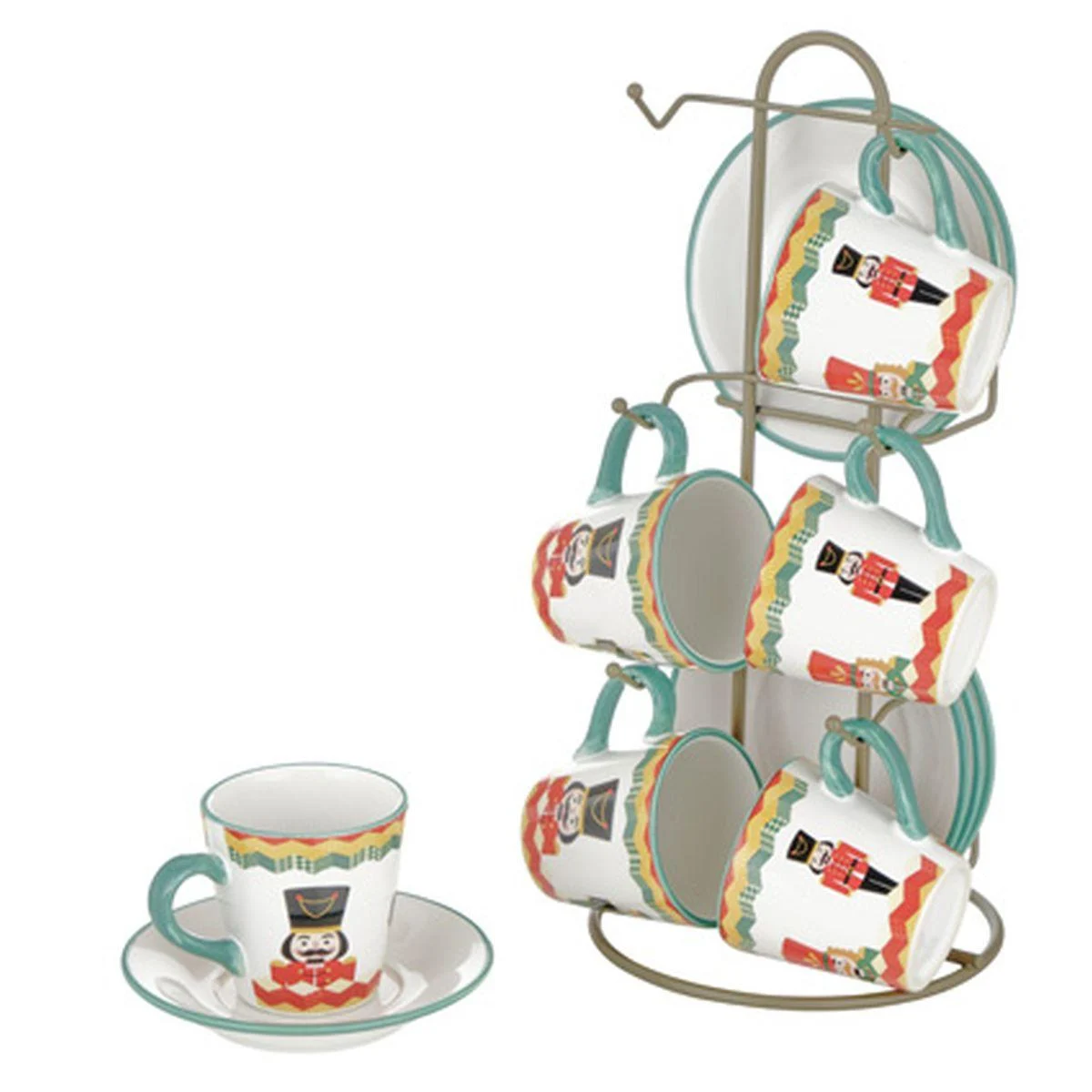 Tazzine Caffè Natalizia Set pz.6 Porcellana Schiaccianoci con Supporto
