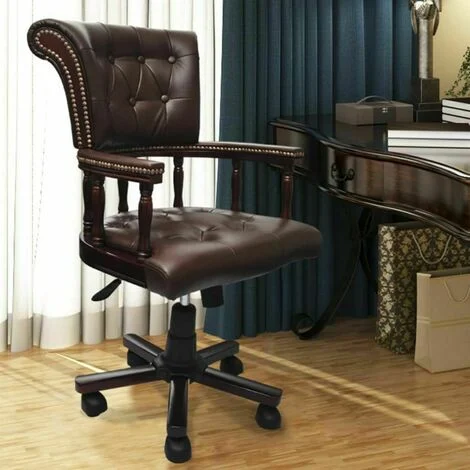 Poltrona ufficio Chesterfield regolabile in Legno rivestita in pelle Marrone