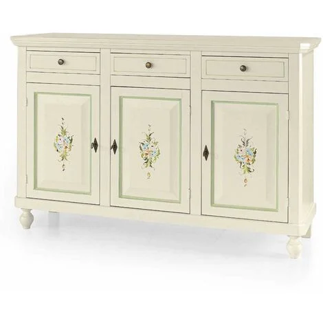 Credenza in legno arte povera tre porte tre cassetti Bianco lucido con decori