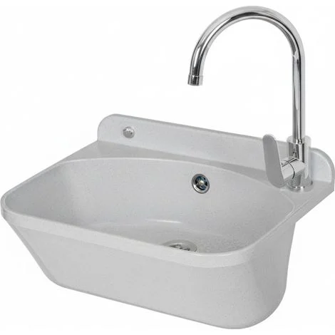 Lavatoio in resina 46x36 bianco con miscelatore a canna alta inox e scarico incluso