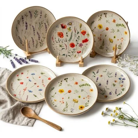 PIATTI 6 PEZZI PIATTI COLAZIONE E DESSERT IN CERAMICA FIORI DI CAMPO 20 CM