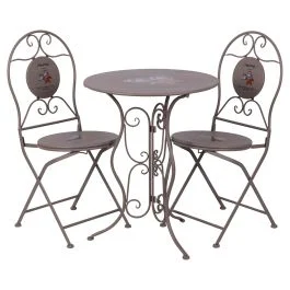 Set tavolo e 2 sedie pieghevoli da esterno in ferro, decoro con scritta colazione, tortora, Esté