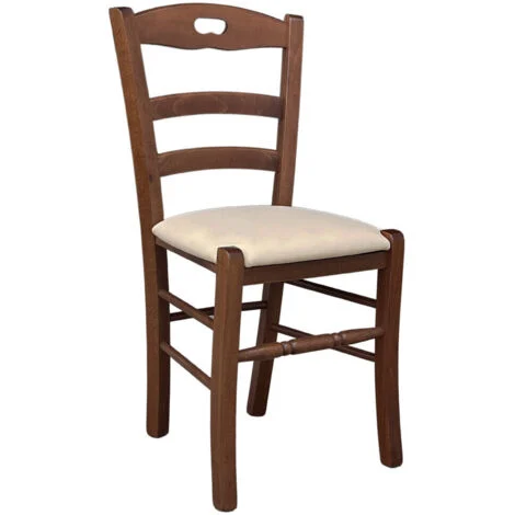 Sedia in legno Loris noce scuro con seduta imbottita in similpelle beige