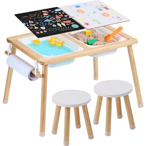 Mophorn Set tavolo e sedie sensoriali per bambini, in legno con 2 sgabelli e contenitori - Regalo