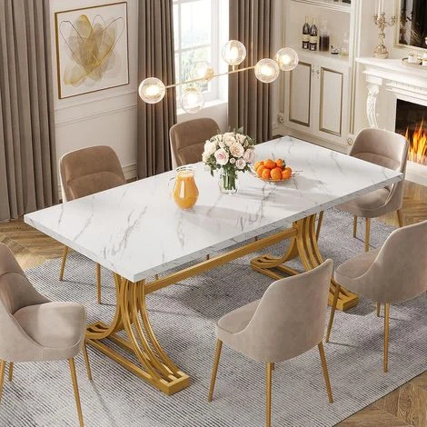 Tribesigns Tavolo da pranzo rettangolare da 160 cm per 4-6 persone, tavolo da cucina moderno con piano in finto marmo ed eleganti gambe in metallo, tavoli da pranzo bianchi