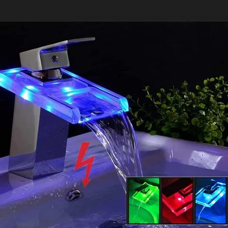 Rubinetto LED con cascata in vetro, rubinetto per lavabo RGB, rubinetto per lavabo, miscelatore per bagno in vetro illuminato, 3 cambi di colore