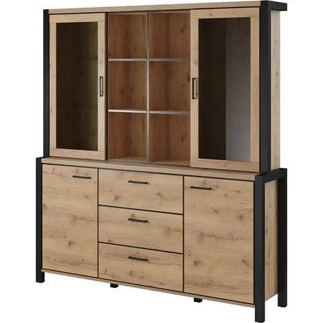 Mobile buffet e credenza con illuminazione LED collezione TIVORA. Mobile con 4 ante, 3 cassetti. Colore quercia e nero