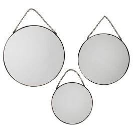 Set 3 specchi tondi con catenella, stile vintage glam, cornice nera, Sibilla