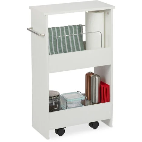 Relaxdays Mobiletto Salvaspazio, 2 Scomparti, Scaffale Stretto con Ruote, 20 cm Larghezza, per Bagno & Cucina, Bianco