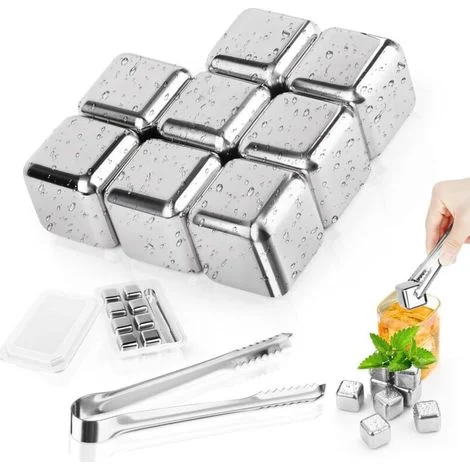 Set di 8 cubetti di ghiaccio riutilizzabili in acciaio inossidabile per alimenti, ideali per cocktail, whisky, vino, succhi di frutta o limonata, con clip.