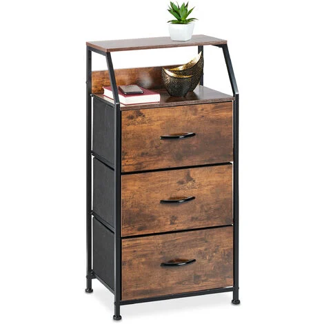 Relaxdays Cassettiera in Stile Industriale, Mobiletto con 3 Cassetti, 2 Ripiani, da Ingresso, 92x45x30 cm, Marrone Nero