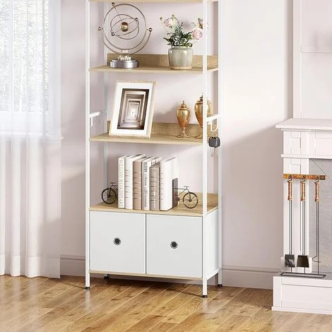 WOLTU Libreria Stile Modernoa 5 Ripiani con 2 Cassetti, Rovere Chiaro+Bianco