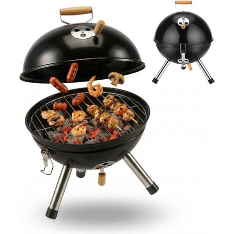 Relaxdays Mini barbecue a sfera, portatile, Ø 30 cm, balcone, picnic, campeggio, a carbone, manico in legno, nero