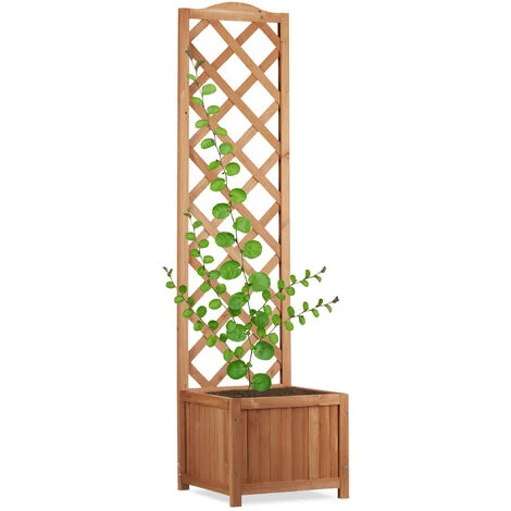 Relaxdays Fioriera con grigliato in legno da giardino vaso per piante rampicanti 25 L con griglia 150 cm resistente beige