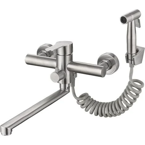 Rubinetto da cucina a parete in nichel spazzolato con doccetta laterale - Miscelatore per lavello di servizio di qualità commerciale, senza piombo, beccuccio da 30 cm -Crezuo